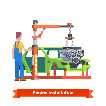 Car production line or repair shop. Mechanic is installing new engine on the auto body. Motor overhaul. Flat style vector illustration isolated on white background.のイラスト素材