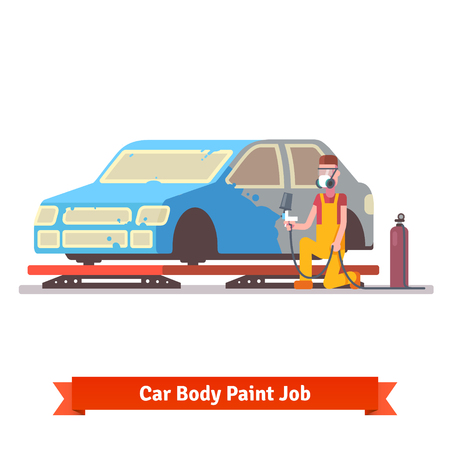 Car body paint job. Painting specialist spraying color on sealers masked auto. Car collision repair shop.  Flat style vector illustration isolated on white background.のイラスト素材
