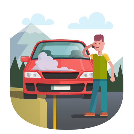 Man on a roadside standing near broken car covered with steam and smoke and calling cell phone for help. Flat style vector illustration isolated on white background.のイラスト素材