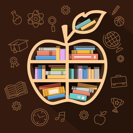 Education, learning and knowledge concept. Apple shaped shelf full of books and thin line icons. Flat style vector illustration isolated on white background.のイラスト素材