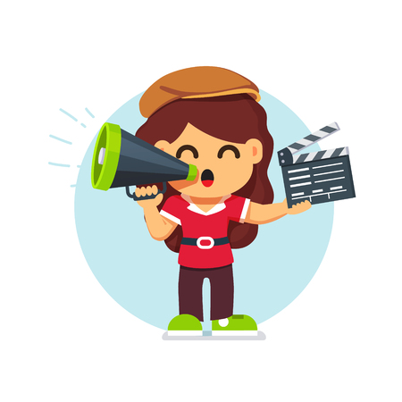 Movie director girl in directors hat standing with with loud speaker and clapperboard. Flat style cartoon vector illustration isolated on white background.のイラスト素材