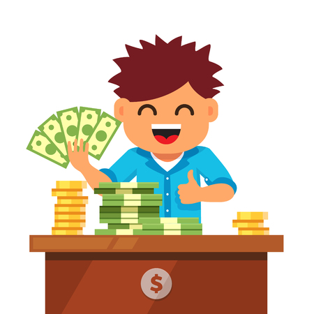 Boy showing fanned out green cash currency and pile stacks of dollar bills and gold coins on the desk. Kid finances and savings concept. Flat style vector illustration isolated on white background.のイラスト素材