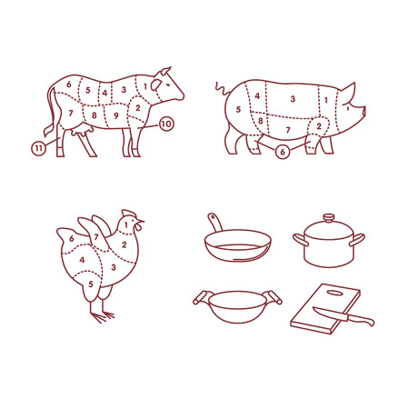 Beef, pork and chicken cut schemes. Frying pan, wok, cooking pot and cutting board with knife. thin line icons vector set isolated on white.のイラスト素材