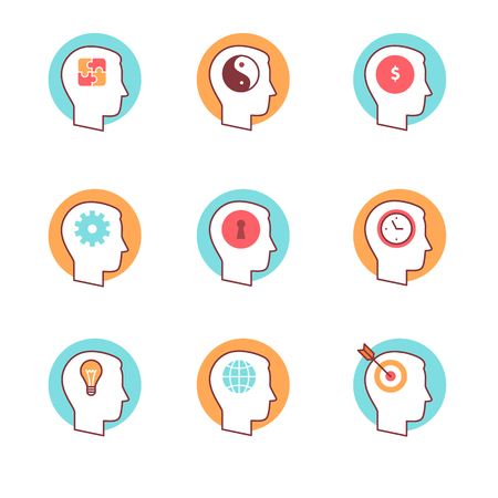 Human mind icons thin line set. Thinking and mental process. Flat style color vector symbols isolated on white.のイラスト素材