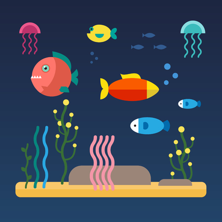 Fishes swimming at the bottom of the sea. Flat style vector illustration isolated on blue background.のイラスト素材