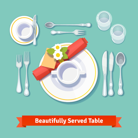 Beautifully served table. Formal dinner setting. Isolated flat style vector illustration.のイラスト素材