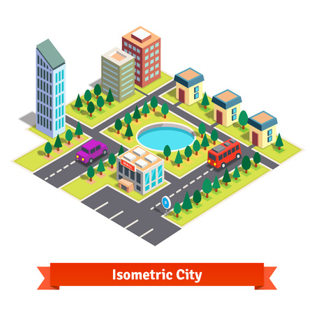 Isometric city with shopping mall, skyscrapers, residential buildings, park with pond and transportation. Flat style vector illustration isolated on white background.のイラスト素材