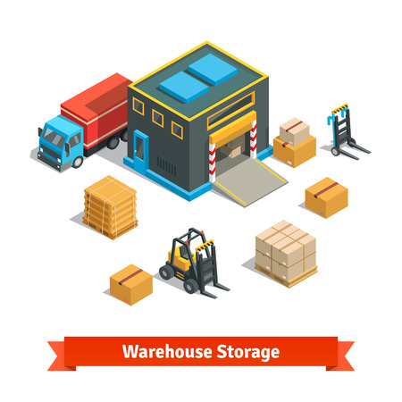 Wholesale warehouse storage building with forklift wares on pallets and truck. Goods distribution concept. Isometric flat style vector illustration isolated on white background.のイラスト素材