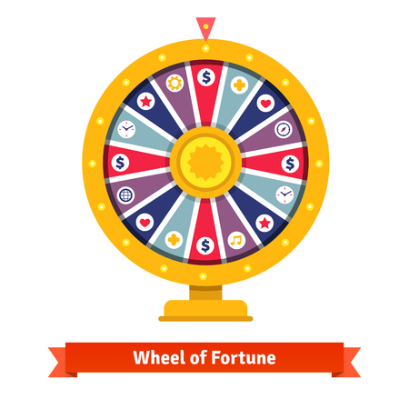 Wheel of fortune with bets icons. Flat style vector illustration isolated on white background. Wheel of fortune with bets icons. Flat style vector illustration isolated on white background.