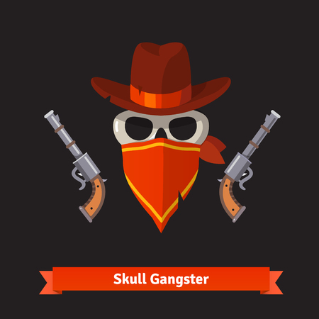 Skull gangster in stetson hat with two revolver guns. Flat style vector illustration isolated on black background.のイラスト素材