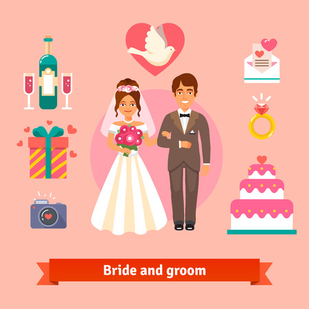 Bride and groom with wedding icons set. Loving couple. Flat style vector illustration isolated on pink background.のイラスト素材