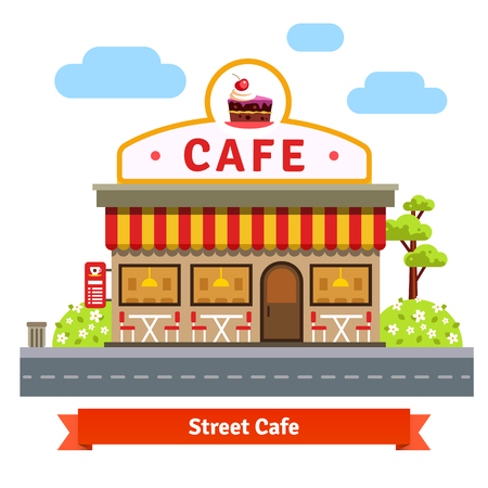 Open cafe building facade with outdoor street chair seats and tables. Flat style vector illustration isolated on white background.のイラスト素材