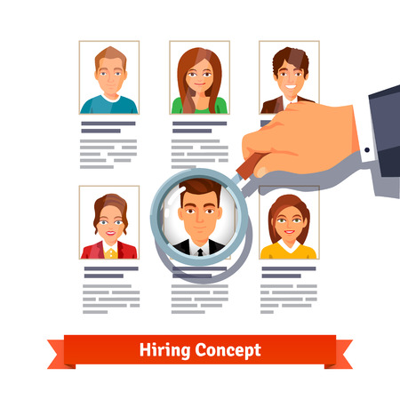 HR manager looking through a magnifying glass on job candidates. Hiring concept. Flat style vector illustration isolated on white background.のイラスト素材