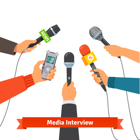 Microphones and voice recorder in hands of reporters on press conference or interview. Journalism concept. Flat style vector illustration isolated on white background.