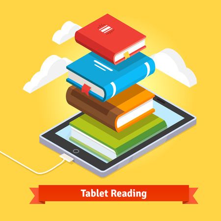 Tablet computer book reading and modern cloud technology mobile education concept. Flat style vector isolated illustration.のイラスト素材