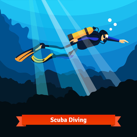 Professional scuba diver man underwater searching with big flashlight in hand. Flat style vector isolated illustration.のイラスト素材