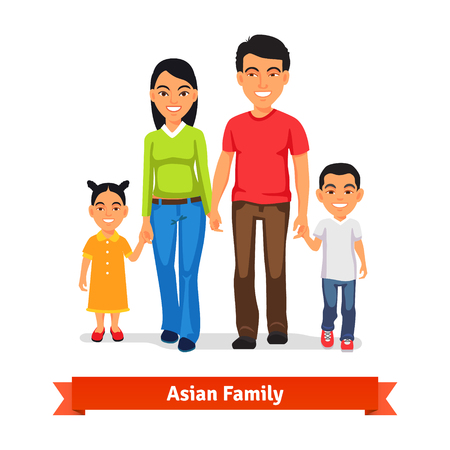 Asian family walking together and holding hands. Flat style vector illustration isolated on white background.