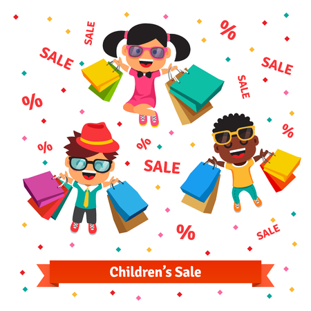 Children's sale. Happy smiling and jumping kids with purchases in shopping bags. Flat style vector illustration isolated on white background.のイラスト素材