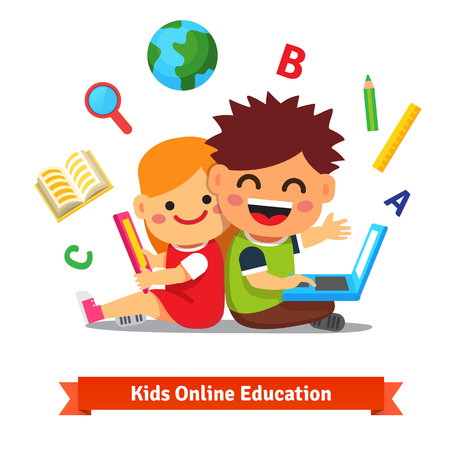Boy and girl studying together with tablet computer and laptop. Modern remote education concept. Flat style vector illustration isolated on white background.のイラスト素材