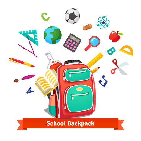 Back to school. Student backpack exploding with education objects. Flat style vector illustration isolated on white background.のイラスト素材