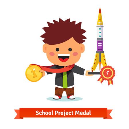 Happy kid taken first prize at school project science fair. Flat style vector illustration isolated on white background.のイラスト素材
