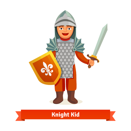 Cheerful kid in knights armour with helmet, chest plate, shield and sword. Flat vector illustration isolated on white background.のイラスト素材