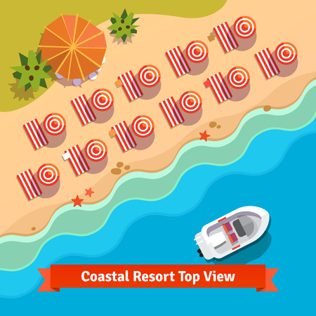Coastal resort beach, sea and boat, top view. Flat style illustration.のイラスト素材