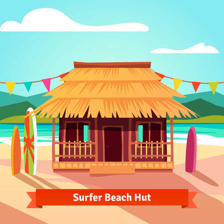 Surfers lagoon beach hut with standing surfboards. Flat style illustration isolated.のイラスト素材