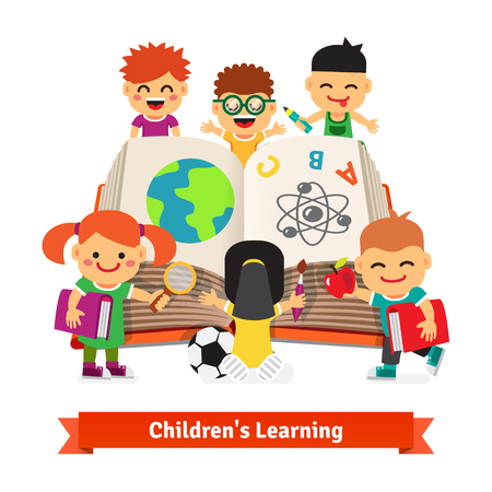 Kids learning together from a big encyclopedia book. Children education concept. Flat style vector illustration.のイラスト素材