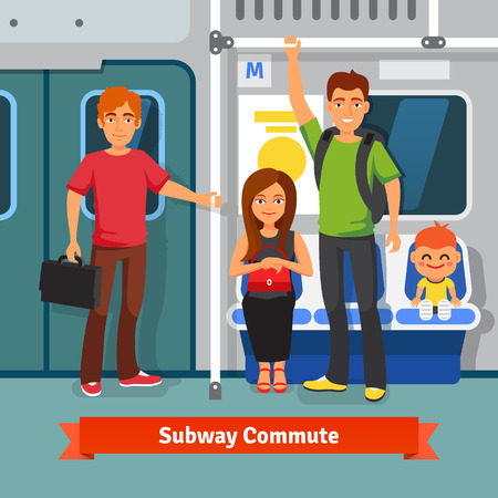 Subway commute. Young people, man and woman with kid sitting and standing in a subway train car. Flat style vector illustration.のイラスト素材