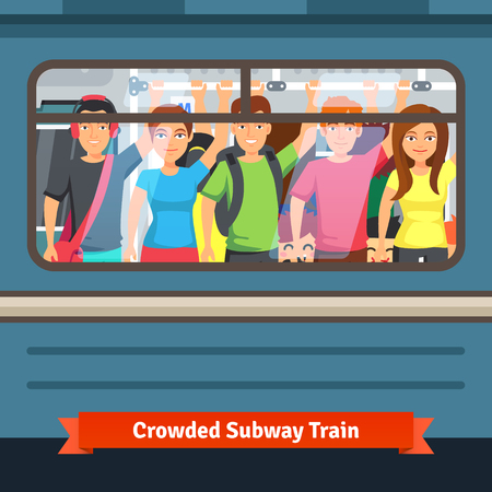 Crowded subway train. Young people standing close and holding to a hand rail. Flat style vector illustration.のイラスト素材