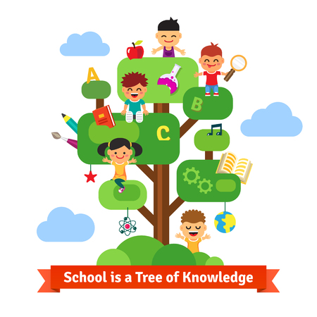 School tree of knowledge and children education. Happy kids sitting and learning on a tree full of books and science, arts and crafts stuff. Flat style vector cartoon.のイラスト素材
