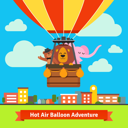 Happy cartoon animals flying on hot air balloon above scenic summer city landscape. Bear in the hat, lion and elephant. Flat vector cartoon background illustration.のイラスト素材