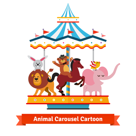 Happy funny cartoon animals riding on a carnival carousel. Rabbit on a lion, bear on a horse and bird on an elephant.  Flat vector illustration isolated on white background.のイラスト素材
