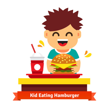 Kid eating hamburger and drinking at fast food table. Flat vector illustration isolated on white background.のイラスト素材
