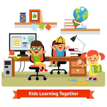 Kids research base concept. Children learning and doing projects together in their room with working desk, desktop computer, files and books. Flat vector illustration isolated on white background.のイラスト素材