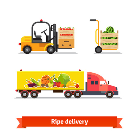 Fresh fruit and vegetables delivery. Ripe truck, forklift, crates. Flat isolated vector illustration on white background.のイラスト素材