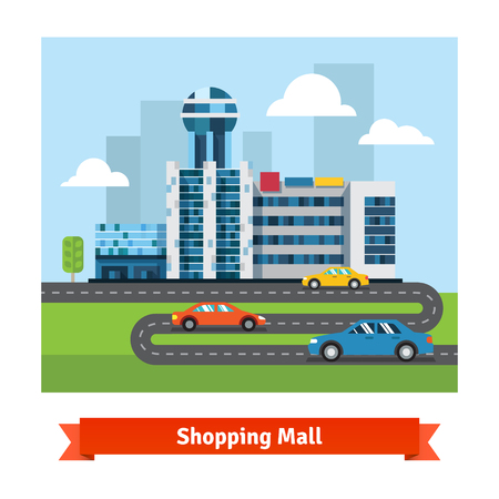 Cars driving on the road to city downtown from suburbs. Flat isolated vector illustration.のイラスト素材