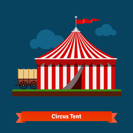 Open circus striped tent with wagon wheel in the back. Flat vector icon.のイラスト素材