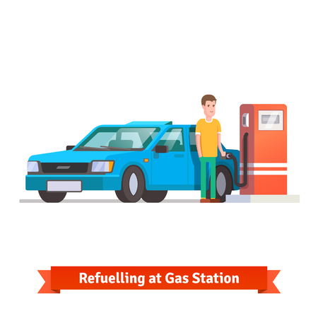 Man refuelling his car holding fuel hose at petrol station. Flat vector illustration isolated on white background.のイラスト素材