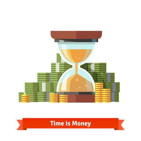 Hourglass in a pile of stacked dollar bills and coin. Time is money concept. Flat vector icon.のイラスト素材