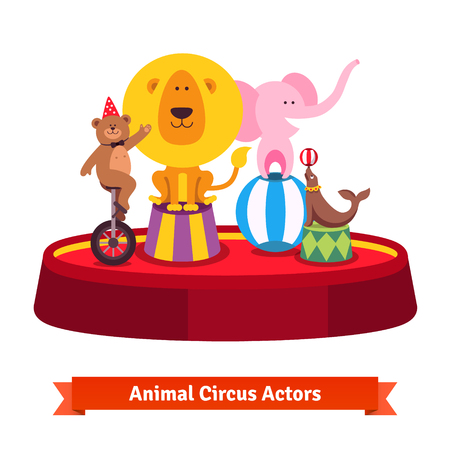 Playing circus animals show on red arena. Bear on a unicycle, elephant on a ball, seal and lion. Flat style cartoon illustration isolated on white background.のイラスト素材