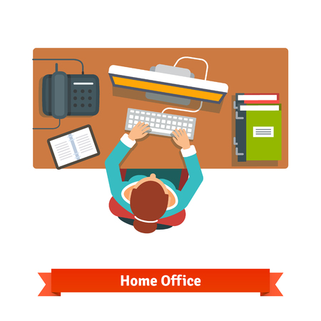 Business woman working hard sitting at the desk and typing on the desktop.のイラスト素材