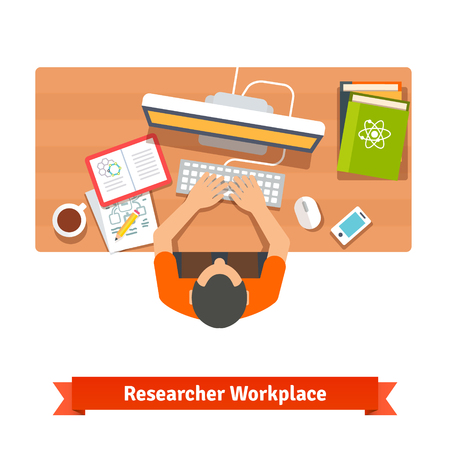 Young student or scientist researching and studying at his home workplace desk. のイラスト素材