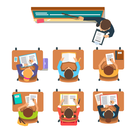 Teacher standing and pointing at the chalkboard teaching in front of the children sitting at the desks in classroom. のイラスト素材