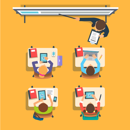 Teacher standing and pointing at the modern interactive whiteboard teaching in front of the children sitting at the desks in classroom. Flat vector isolated illustration.のイラスト素材