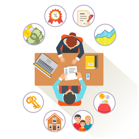 Real estate broker or bank clerk at his desk talking to customer about house mortgage credit deal. のイラスト素材
