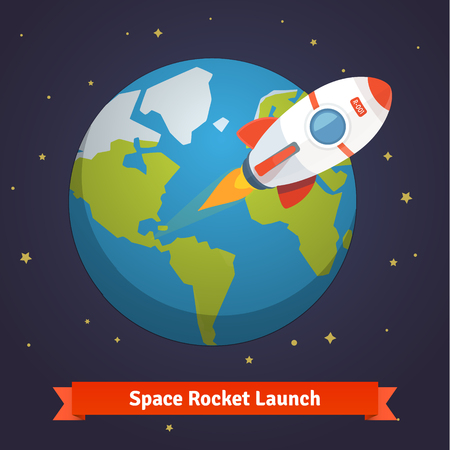 Cartoon space rocket leaving earth orbit and going into deep space. のイラスト素材