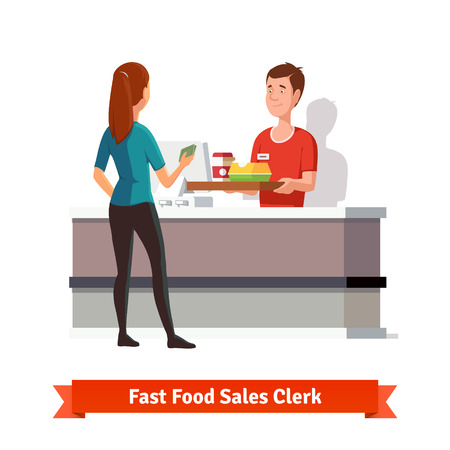 Sales clerk at fast food restaurant handing a tray with packed burger an coffee to a woman customer with cash in hand. のイラスト素材