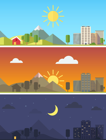 City and rural scenic landscape in different times of day. Flat style vector vector.